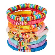 Stretch Charm Bracelets Sets, with Handmade Polymer Clay Heishi Beads and Brass Spacer Beads and Alloy Pendants, Mixed Color, Inner Diameter: 2-1/8 inch(5.5cm), 10pcs/set(BJEW-SZ0001-001)