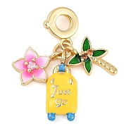 Rack Plating Brass Cubic Zirconia Summer European Dangle Charms, Enamel Luggage& Coconut Tree Large Hole Pendants, Real 18K Gold Plated, Long-Lasting Plated, Cadmium Free & Lead Free, Yellow, 34mm, Hole: 4.5mm(KK-P287-01B-G)