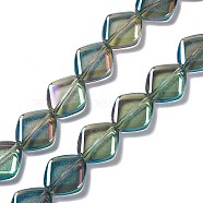 Electroplate Glass Beads Strands, Full Rainbow Plated, Rhombus, Green, 18x15.5x5mm, Hole: 1.2mm, about 35~37pcs/strand, 24.80~25.98 inch(63~66cm)(EGLA-L032-FR03)