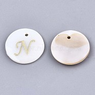 Natural Freshwater Shell Pendants, with Golden Plated Brass Etched Metal Embellishments, Flat Round with Letter, Letter.N, 15x2mm, Hole: 1.2mm(SHEL-N027-04N)