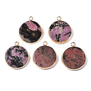 Natural Rhodonite Pendants, with Golden Plated Brass Edge and Loop, Flat Round, 25x21x3.5mm, Hole: 2mm(G-Q998-010F)