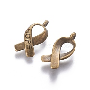 Breast Cancer Awareness Ribbon Carved Word Hope Tibetan Style Alloy Message Pendants, Cadmium Free & Nickel Free & Lead Free, Antique Bronze, 17x8x3mm, Hole: 2mm(TIBEP-S278-AB-FF)