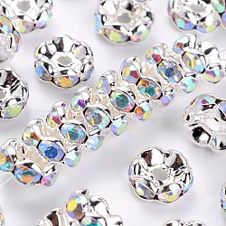 Rhinestone Spacer Beads, Grade A, Clear AB White, with AB Color Rhinestone, Silver Color Plated, Brass, Nickel Free, Size: about 8mm in diameter, 3.8mm thick, hole: 1.5mm(RSB030NF-02)