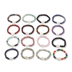 Natural Mixed Gemstone & Synthetic Hematite Stretch Bracelet, Shell Moon with Star Beaded Adjustable Bracelet for Women, Inner Diameter: 2-3/8 inch(5.9cm)(BJEW-M236-01)