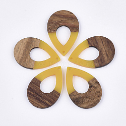 Resin & Walnut Wood Pendants, Teardrop, Gold, 38x25.5x3mm, Hole: 2mm(X-RESI-S358-94D)