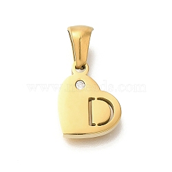 304 Stainless Steel Heart Pendants with Rhinestone, Golden, Letter D, 11x13x2.5mm, Hole: 5x3mm(STAS-Z103-01G-04)