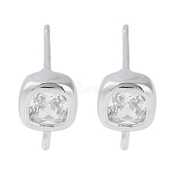 Brass Pave Clear Cubic Zirconia Stud Earring Findings, with Loop, Square, Platinum, 8.5x6mm, Hole: 1mm, Pin: 0.5mm(KK-F875-01P)