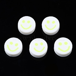 Handmade Polymer Clay Beads, for DIY Jewelry Crafts Supplies, Flat Round with Smiling Face, Green Yellow, 10x4~4.5mm, Hole: 1.8mm(X-CLAY-N008-040M)