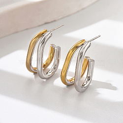 Geometric Outline Design 304 Stainless Steel Double-layer Stud Earrings for Women, Real 18K Gold Plated & Stainless Steel Color, 27x11mm(SL0180-2)