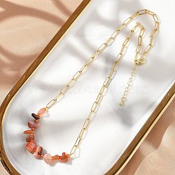 Natural Red Agate Chip Beaded Necklaces, Brass Paperclip Chain Necklaces for Women, Real 18K Gold Plated, Long-Lasting Plated, Rack Plating, 17.32~17.87 inch(44~45.4cm)(NJEW-C070-04G-01)