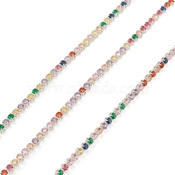 Brass Link Chains, with Colorful Cubic Zirconia, Unwelded, with Spool, Silver, 2x2mm(CHC-M025-67S)