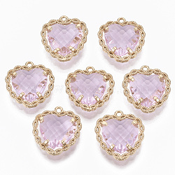 Glass Pendants, with Brass Open Back Settings, Faceted, Heart, Light Gold, Pink, 18x16~17x5.5mm, Hole: 1.2mm(X-GLAA-T021-04I)