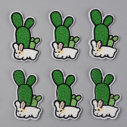 Computerized Embroidery Cloth Iron on/Sew on Patches, Appliques, Costume Accessories, Cactus with Rabbit, Green, 58x34x1.5mm(DIY-S040-060)