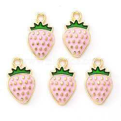 Light Gold Plated Alloy Enamel Pendants, Strawberry, Pearl Pink, 16.8x10x1.5mm, Hole: 1.8mm(X-ENAM-R136-20A)