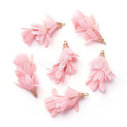 Iron Big Pendants, with Chiffon, Flower, Golden, Pink, 50~52x22~28mm, Hole: 2mm(IFIN-G081-A06)