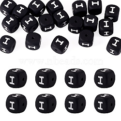 20Pcs Food Grade Eco-Friendly Silicone Beads, Horizontal Hole, Cube, Black, Letter I, 12x12x12mm, Hole: 2mm(SIL-TADJ0001-04I)