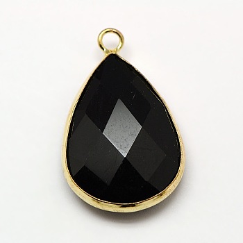 Golden Tone Brass Glass Teardrop Pendants, Faceted, Black, 18x10x5mm, Hole: 2mm