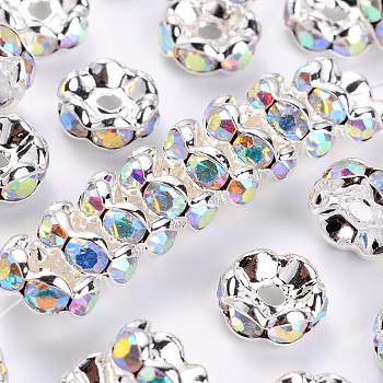 Rhinestone Spacer Beads, Grade A, Clear AB White, with AB Color Rhinestone, Silver Color Plated, Brass, Nickel Free, Size: about 8mm in diameter, 3.8mm thick, hole: 1.5mm