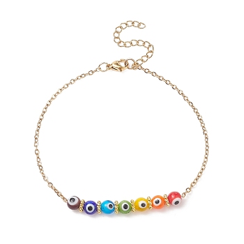 Multi-Colored Handmade Evil Eye Lampwork Anklets, with 304 Stainless Steel Cable Chains, Golden, 8-5/8 inch(22cm)