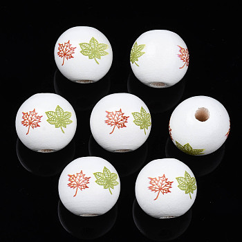 Halloween Printed Natural Wood Beads, Round with Leaf, Olive Drab, 15.5x14.5mm, Hole: 4mm