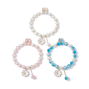 3Pcs 3 Color Glass Beads Stretch Bracelet, Stackable Bracelets with Brass & Alloy Enamel Charms, Flower, Inner Diameter: 2-3/8 inch(6cm), 1Pc/color