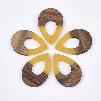 Resin & Walnut Wood Pendants, Teardrop, Gold, 38x25.5x3mm, Hole: 2mm