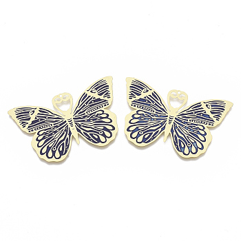 Brass Enamel Big Pendants, Etched Metal Embellishments, Matte Gold Color, Butterfly, Midnight Blue, 31.5x50x0.3mm, Hole: 1.2mm
