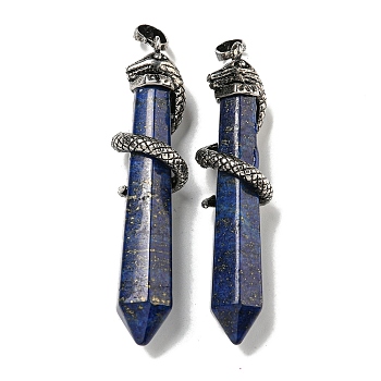 Dyed Natural Lapis Lazuli Pointed Big Pendants, Rack Plating Brass Snake Wrapped Faceted Bullet Charms, Antique Silver, Cadmium Free & Lead Free, 60.5x11.5x14mm, Hole: 8x5mm