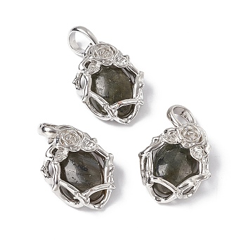 Natural Labradorite Pendants, Oval Charms, with Platinum Tone Brass Rose Findings, Cadmium Free & Nickel Free & Lead Free, 25~26x19~19.5x9~9.5mm, Hole: 7.5x5.5mm