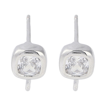 Brass Pave Clear Cubic Zirconia Stud Earring Findings, with Loop, Square, Platinum, 8.5x6mm, Hole: 1mm, Pin: 0.5mm