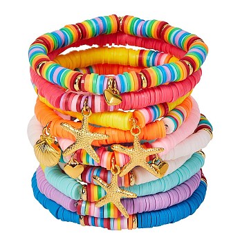 Stretch Charm Bracelets Sets, with Handmade Polymer Clay Heishi Beads and Brass Spacer Beads and Alloy Pendants, Mixed Color, Inner Diameter: 2-1/8 inch(5.5cm), 10pcs/set