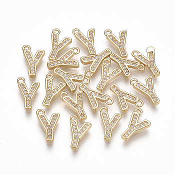 Brass Cubic Zirconia Charms, Letter, Clear, Real 18K Gold Plated, Letter.Y, 11x6.5x1.5mm, Hole: 1mm