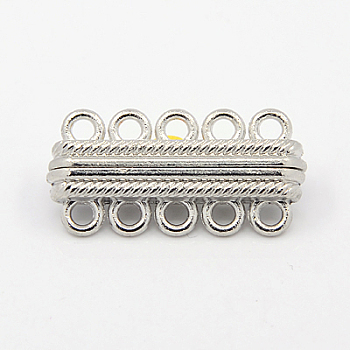Alloy Magnetic Clasps with Loops, with 10 Holes, Rectangle, Platinum, 33x17x7.5mm, Hole: 2.5mm