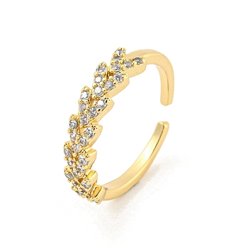 Wheat Brass Micro Pave Clear Cubic Zirconia Open Cuff Rings, Long-Lasting Plated, Golden, Inner Diameter: 17mm