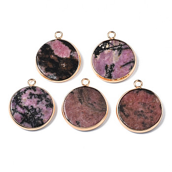Natural Rhodonite Pendants, with Golden Plated Brass Edge and Loop, Flat Round, 25x21x3.5mm, Hole: 2mm