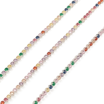 Brass Link Chains, with Colorful Cubic Zirconia, Unwelded, with Spool, Silver, 2x2mm
