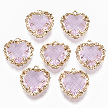 Glass Pendants, with Brass Open Back Settings, Faceted, Heart, Light Gold, Pink, 18x16~17x5.5mm, Hole: 1.2mm