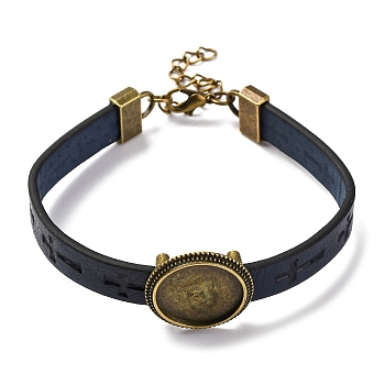 Hollow Cross PU Leather Bracelet Making, with Flat Round Alloy Tray Settings, Antique Bronze, Marine Blue, 7-7/8 inch(20cm), 10.5mm, Tray: 18mm