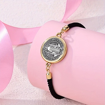 Alloy with Nylon Rope Slider Bracelets, Link Bracelets for Women, Flat Round with Saint Benedict, Two Tone, Black, Inner Diameter: 3/4 inch(1.8cm)