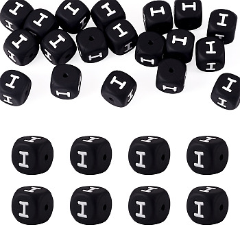 20Pcs Food Grade Eco-Friendly Silicone Beads, Horizontal Hole, Cube, Black, Letter I, 12x12x12mm, Hole: 2mm