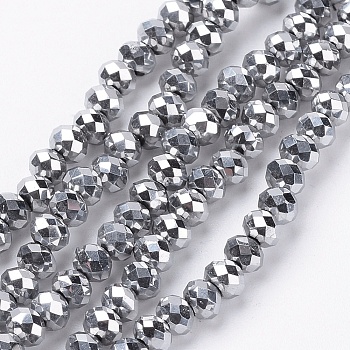 Electroplate Glass Bead Strands, Faceted, Rondelle, Platinum Plated, 3x2mm, Hole: 0.5mm, about 155~160pcs/strand, 14.96 inch