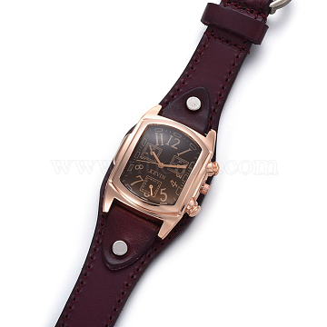 Wristwatch, Quartz Watch, Alloy Watch Head and PU Leather Strap, Coconut Brown, 9-1/2 inch~9-7/8 inch(24.1~25.1cm), 19~20x3mm, Watch Head: 38x38x16mm(X-WACH-I017-10A)
