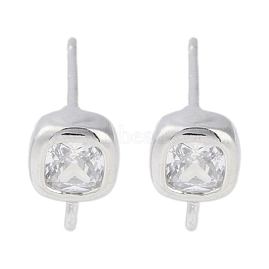 Platinum Clear Square Brass+Cubic Zirconia Stud Earring Findings