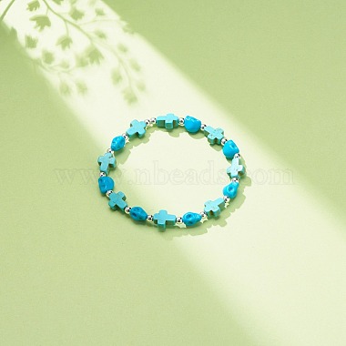 bracelet extensible en perles de turquoise synthétique (teint) avec croix et tête de mort(BJEW-JB08451-04)-2