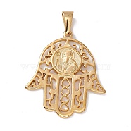 Vacuum Plating 304 Stainless Steel Pendants, Hollow Hamsa Hand with Man Charm, Golden, 32x27.5x1.5mm, Hole: 6.5x3mm(STAS-H170-23G)