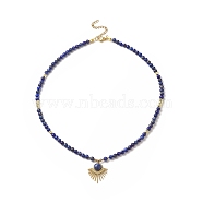 Natural Lapis Lazuli Beaded Necklaces, 304 Stainless Steel Fan Pendant Necklaces with Lobster Claw Clasp & Chain Extender for Women, 16-3/4 inch(42.5cm)(NJEW-JN04226-02)