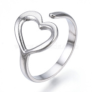 304 Stainless Steel Heart Open Cuff Ring, Hollow Chunky Ring for Women, Stainless Steel Color, US Size 7(17.3mm)(RJEW-N040-24)