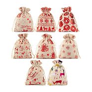 32Pcs 8 Styles Christmas Theme Cotton Gift Packing Pouches Drawstring Bags, for Christmas Party Candy Wrapping, Red, Mixed Patterns, 13.5~14.3x10cm, 8 style, 4pcs/style(ABAG-LS0001-01)