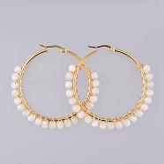 Beaded Hoop Earrings, with Natural Rainbow Moonstone Beads and Golden Plated 304 Stainless Steel Hoop Earrings, 50mm, Pin: 0.6x1mm(EJEW-JE03830-01)
