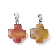 Natural Red Agate Pendants, Cross Charms with Stainless Steel Color Plated Stainless Steel Snap on Bails, 20~20.5x15.5~16.5x6~7mm, Hole: 7x4.5mm(G-K359-02P-06)